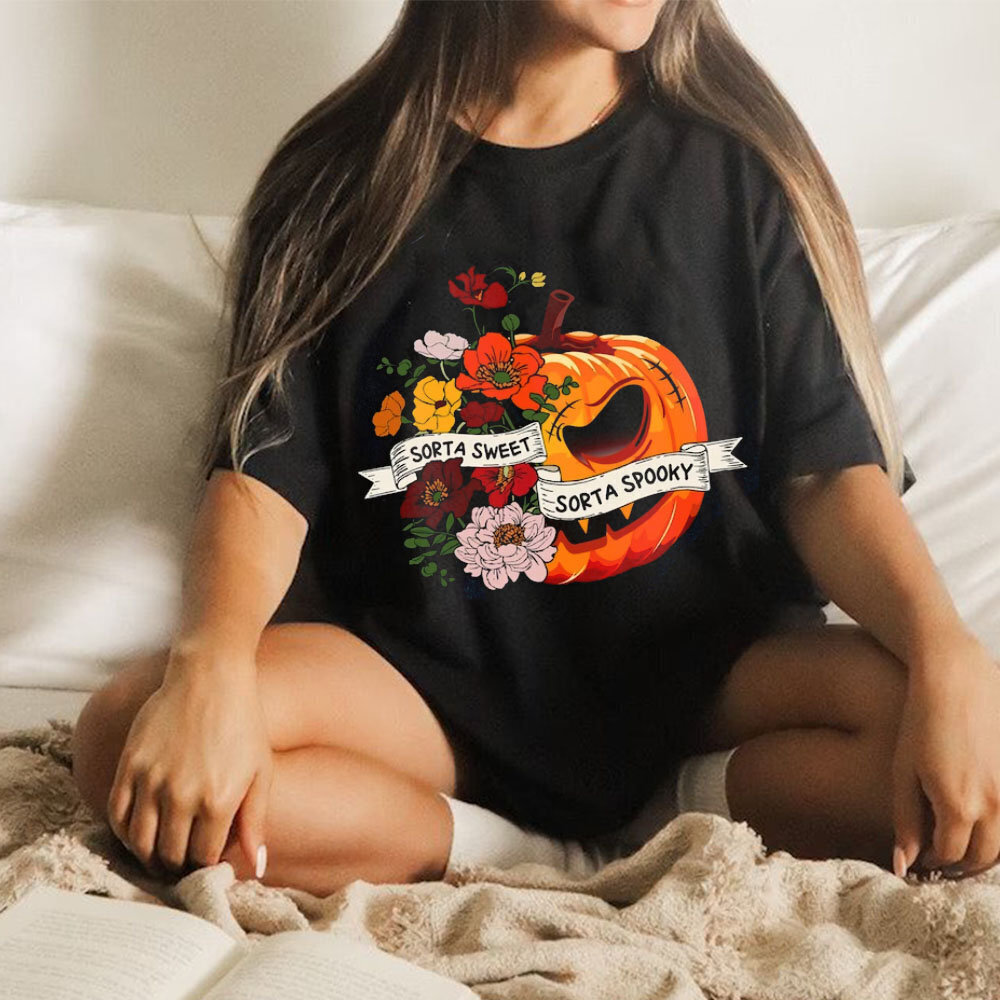 Sweet Sorta Spooky Flower Pumpkin Halloween Fun Graphic Tee T-Shirt